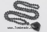 GMN4422 Hand-knotted 8mm, 10mm matte black labradorite 108 beads mala necklace with pendant