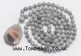 GMN4621 Hand-knotted 8mm, 10mm grey picture jasper 108 beads mala necklace with pendant