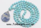 GMN4643 Hand-knotted 8mm, 10mm blue howlite 108 beads mala necklace with pendant