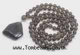 GMN4648 Hand-knotted 8mm, 10mm smoky quartz 108 beads mala necklace with pendant