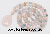 GMN4655 Hand-knotted 8mm, 10mm morganite 108 beads mala necklace with pendant