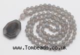 GMN4658 Hand-knotted 8mm, 10mm grey agate 108 beads mala necklace with pendant