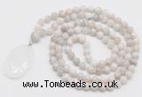 GMN4660 Hand-knotted 8mm, 10mm white crazy agate 108 beads mala necklace with pendant