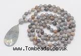 GMN4663 Hand-knotted 8mm, 10mm silver needle agate 108 beads mala necklace with pendant