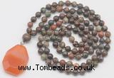 GMN4668 Hand-knotted 8mm, 10mm ocean agate 108 beads mala necklace with pendant