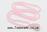 GMN4808 Hand-knotted 8mm, 10mm rose quartz 108 beads mala necklace with pendant