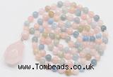 GMN4819 Hand-knotted 8mm, 10mm morganite 108 beads mala necklace with pendant