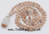 GMN4823 Hand-knotted 8mm, 10mm sunstone 108 beads mala necklace with pendant