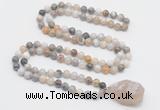 GMN4832 Hand-knotted 8mm, 10mm bamboo leaf agate 108 beads mala necklace with pendant