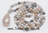 GMN4833 Hand-knotted 8mm, 10mm bamboo leaf agate 108 beads mala necklace with pendant