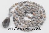 GMN4835 Hand-knotted 8mm, 10mm silver needle agate 108 beads mala necklace with pendant