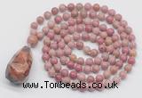 GMN4853 Hand-knotted 8mm, 10mm pink wooden jasper 108 beads mala necklace with pendant