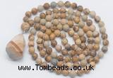 GMN4861 Hand-knotted 8mm, 10mm picture jasper 108 beads mala necklace with pendant