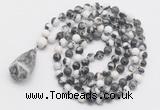 GMN4865 Hand-knotted 8mm, 10mm black & white jasper 108 beads mala necklace with pendant