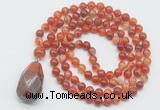 GMN4907 Hand-knotted 8mm, 10mm red banded agate 108 beads mala necklace with pendant
