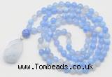 GMN4908 Hand-knotted 8mm, 10mm blue banded agate 108 beads mala necklace with pendant