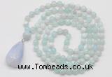 GMN4909 Hand-knotted 8mm, 10mm sea blue banded agate 108 beads mala necklace with pendant