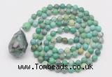GMN4914 Hand-knotted 8mm, 10mm grass agate 108 beads mala necklace with pendant