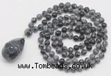 GMN4930 Hand-knotted 8mm, 10mm snowflake obsidian 108 beads mala necklace with pendant