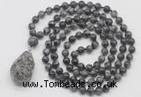 GMN4934 Hand-knotted 8mm, 10mm black labradorite 108 beads mala necklace with pendant