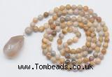 GMN4937 Hand-knotted 8mm, 10mm fossil coral 108 beads mala necklace with pendant