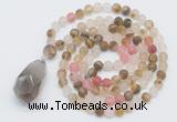 GMN5001 Hand-knotted 8mm, 10mm matte volcano cherry quartz 108 beads mala necklace with pendant