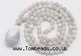 GMN5010 Hand-knotted 8mm, 10mm matte white crazy agate 108 beads mala necklace with pendant