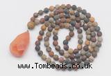 GMN5017 Hand-knotted 8mm, 10mm matte picasso jasper 108 beads mala necklace with pendant