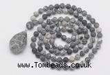 GMN5021 Hand-knotted 8mm, 10mm matte black water jasper 108 beads mala necklace with pendant