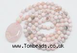 GMN5057 Hand-knotted 8mm, 10mm matte natural pink opal 108 beads mala necklace with pendant