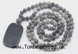 GMN5125 Hand-knotted 8mm, 10mm matte black water jasper 108 beads mala necklace with pendant