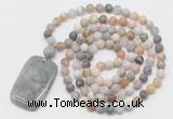 GMN5135 Hand-knotted 8mm, 10mm matte bamboo leaf agate 108 beads mala necklace with pendant