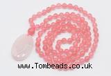 GMN5145 Hand-knotted 8mm, 10mm cherry quartz 108 beads mala necklace with pendant