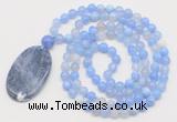 GMN5153 Hand-knotted 8mm, 10mm blue banded agate 108 beads mala necklace with pendant