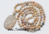 GMN5181 Hand-knotted 8mm, 10mm fossil coral 108 beads mala necklace with pendant