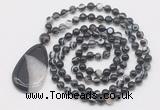 GMN5214 Hand-knotted 8mm, 10mm black banded agate 108 beads mala necklace with pendant