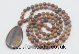 GMN5222 Hand-knotted 8mm, 10mm picasso jasper 108 beads mala necklace with pendant