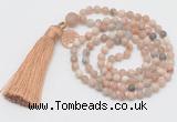 GMN5701 Hand-knotted 6mm matte sunstone 108 beads mala necklaces with tassel & charm