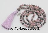 GMN5702 Hand-knotted 6mm matte rhodonite 108 beads mala necklaces with tassel & charm