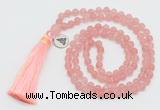 GMN5706 Hand-knotted 6mm matte cherry quartz 108 beads mala necklaces with tassel & charm