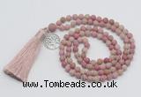 GMN5709 Hand-knotted 6mm matte pink wooden jasper 108 beads mala necklaces with tassel & charm