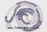 GMN6001 Knotted 8mm, 10mm matte amethyst, white crystal & lapis lazuli 108 beads mala necklace with charm