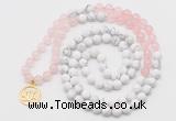 GMN6002 Knotted 8mm, 10mm rose quartz & white howlite 108 beads mala necklace with charm