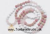 GMN6004 Knotted 8mm, 10mm white howlite, pink jasper & rose quartz 108 beads mala necklace with charm