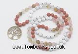 GMN6005 Knotted 8mm, 10mm white howlite, cherry quartz & red jasper 108 beads mala necklace with charm