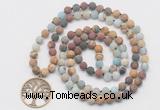 GMN6006 Knotted 8mm, 10mm matte mixed amazonite & jasper 108 beads mala necklace with charm