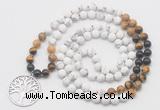 GMN6008 Knotted 8mm, 10mm matte white howlite & mixed gemstone 108 beads mala necklace with charm