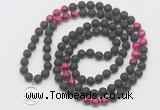 GMN6016 Knotted 8mm, 10mm black lava & red tiger eye 108 beads mala necklace with charm