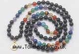 GMN6027 Knotted 7 Chakra 8mm, 10mm black obsidian 108 beads mala necklace with charm
