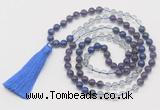 GMN6100 Knotted 8mm, 10mm amethyst, white crystal & lapis lazuli 108 beads mala necklace with tassel